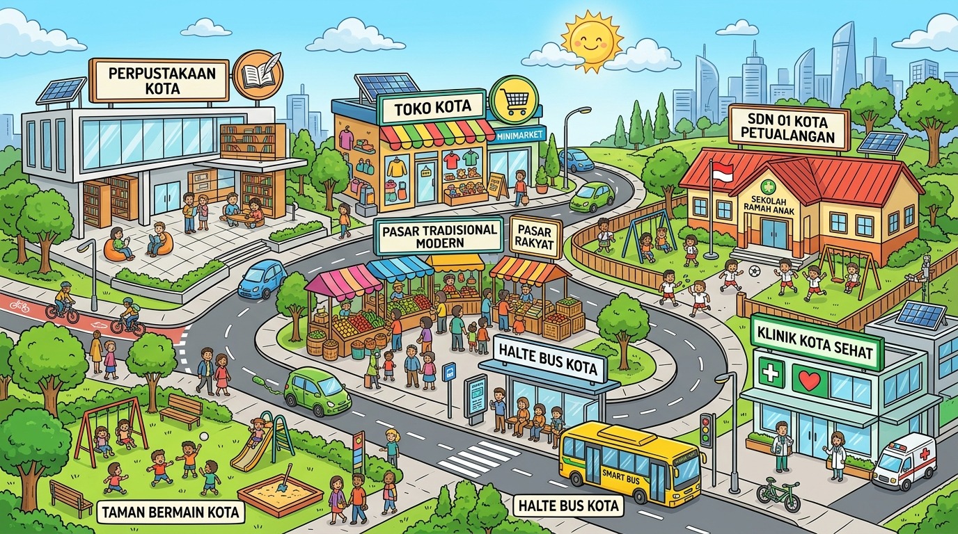 Ilustrasi Kota Petualangan dengan berbagai tempat belajar